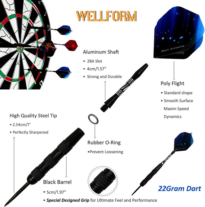 WELLFORM Darts Metal Tip Set，12 Pack 22 Gram with Nonslip Iron Barrel, Darts Steel Tip Set Professional,with 12 Aluminum Dart Shafts, 24 Extra Flights, Dart Sharpener, Dart Wrench, Stylish Gift Box - Image 2